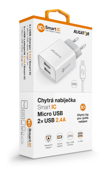 Nabíječka cd ali MicroUSB 2xUSB výst. 2,4A, Smart ic, bílá