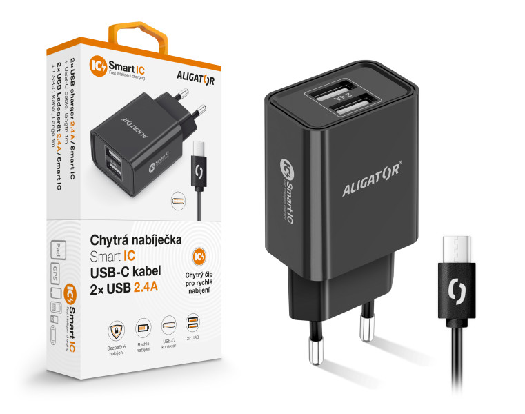 Nabíječka cd ali USB-C 2xUSB výstup, 2,4A, Smart ic, černá