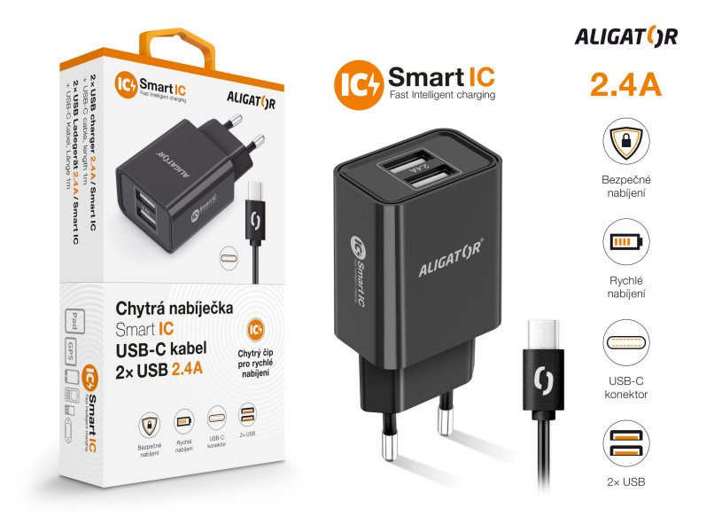 Nabíječka cd ali USB-C 2xUSB výstup, 2,4A, Smart ic, černá