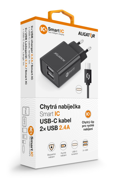 Nabíječka cd ali USB-C 2xUSB výstup, 2,4A, Smart ic, černá