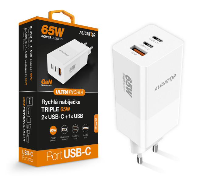 Rychlá nabíječka, PD 65W, 2xUSB-C, 1xUSB-A - Aligator GaN, bílá