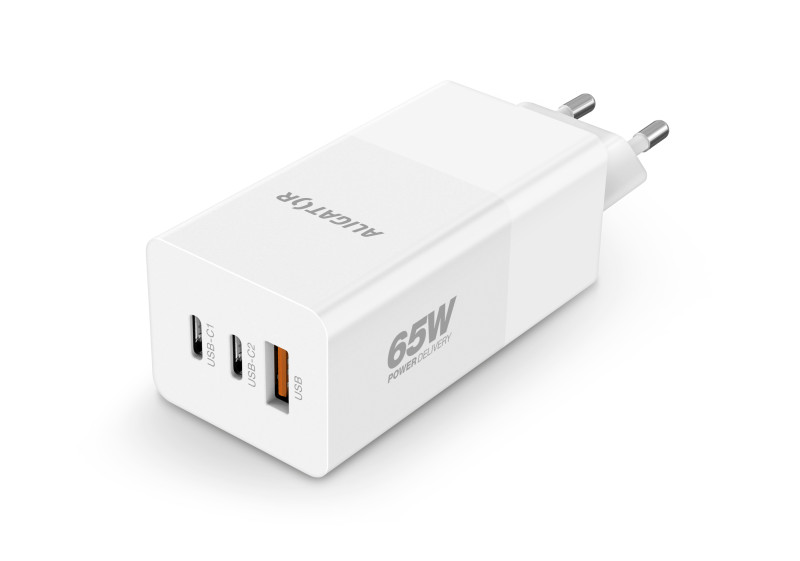 Rychlá nabíječka, PD 65W, 2xUSB-C, 1xUSB-A - Aligator GaN, bílá