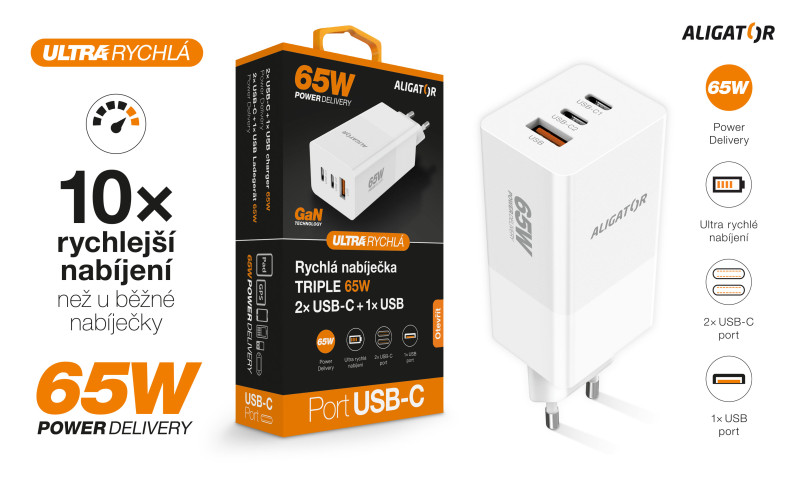 Rychlá nabíječka, PD 65W, 2xUSB-C, 1xUSB-A - Aligator GaN, bílá