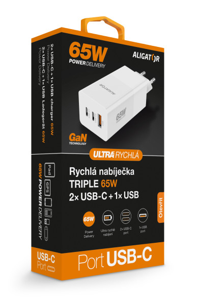 Rychlá nabíječka, PD 65W, 2xUSB-C, 1xUSB-A - Aligator GaN, bílá