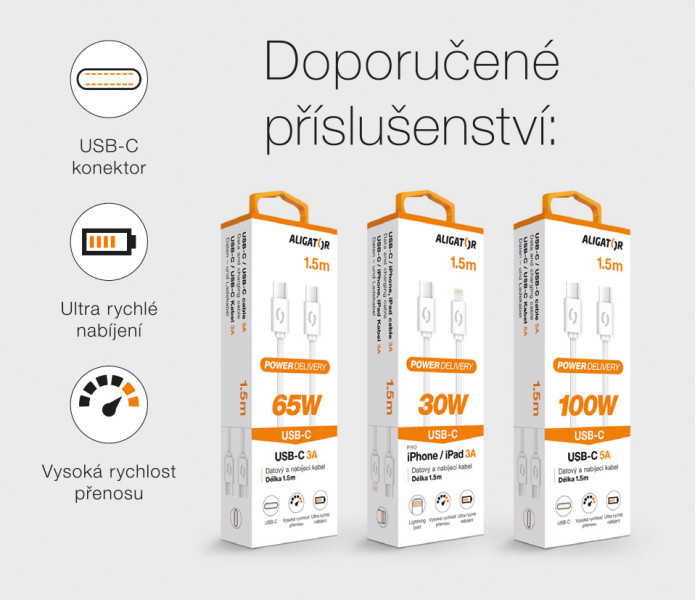 Rychlá nabíječka, PD 65W, 2xUSB-C, 1xUSB-A - Aligator GaN, bílá