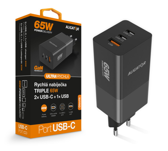 Rychlá nabíječka ALIGATOR GaN, PD 65W, 2xUSB-C, 1xUSB-A, černá