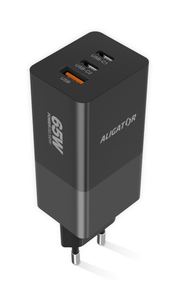 Rychlá nabíječka, PD 65W, 2xUSB-C, 1xUSB-A - Aligator GaN, černá