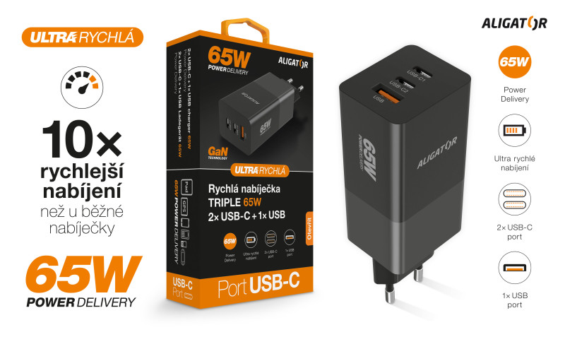 Rychlá nabíječka, PD 65W, 2xUSB-C, 1xUSB-A - Aligator GaN, černá