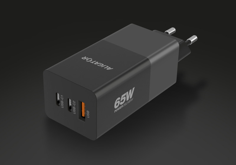 Rychlá nabíječka, PD 65W, 2xUSB-C, 1xUSB-A - Aligator GaN, černá