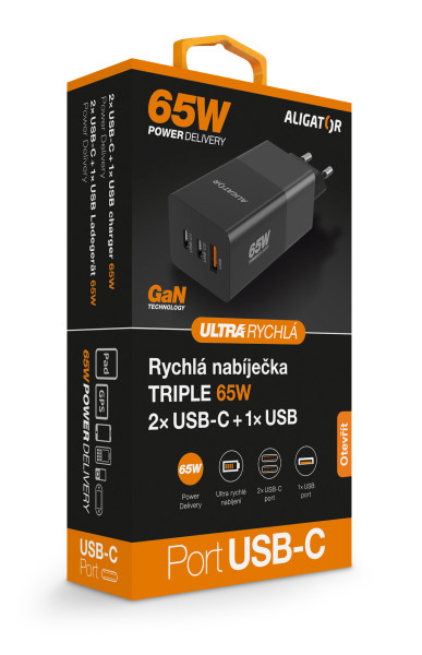 Rychlá nabíječka, PD 65W, 2xUSB-C, 1xUSB-A - Aligator GaN, černá