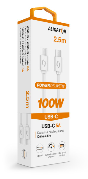 Datový kabel ALIGATOR POWER 100W, USB-C/USB-C 5A, 2,5m bílý
