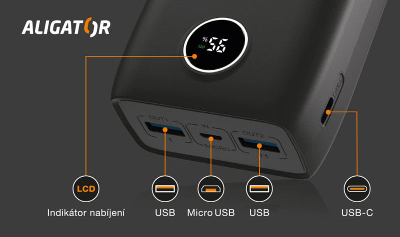 Powerbanka ALIGATOR PD20W+QC22.5W, rychlé nabíjení, 30 000 mAh, černá