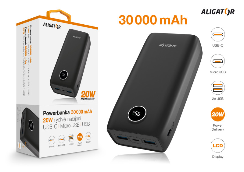 Powerbanka ALIGATOR PD20W+QC22.5W, rychlé nabíjení, 30 000 mAh, černá