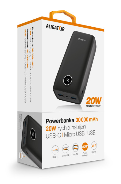 Powerbanka ALIGATOR PD20W+QC22.5W, rychlé nabíjení, 30 000 mAh, černá