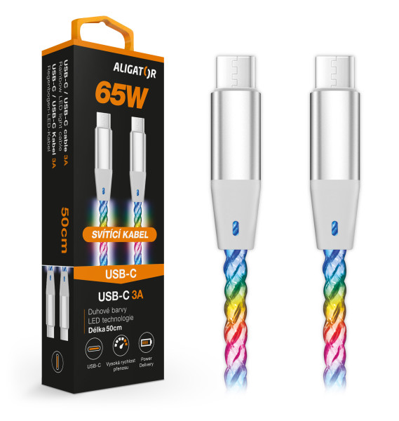 Datový kabel Aligator power 3A 65W, USB-C/USB-C, 0,5m svítící