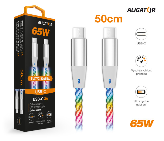 Datový kabel Aligator power 3A 65W, USB-C/USB-C, 0,5m svítící