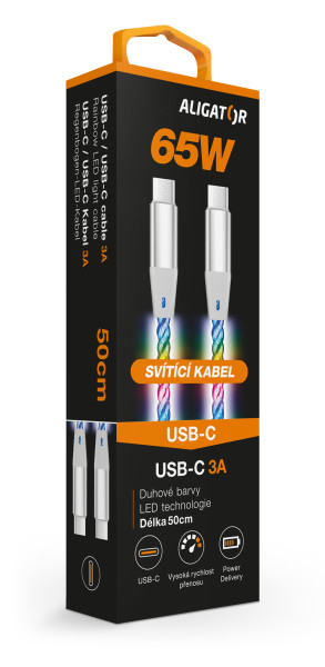 Datový kabel Aligator power 3A 65W, USB-C/USB-C, 0,5m svítící