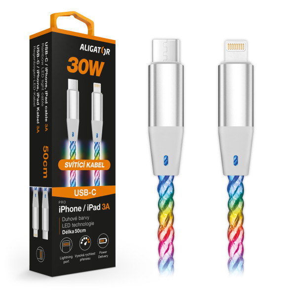 Datový kabel Aligator power 3A 30W, USB-C/lightning, 0,5m svítící