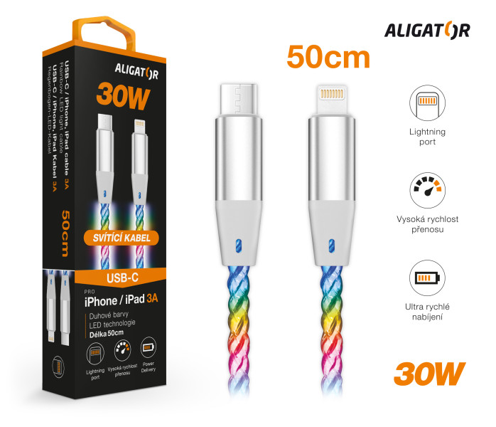 Datový kabel Aligator power 3A 30W, USB-C/lightning, 0,5m svítící