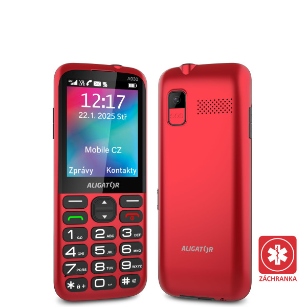 ALIGATOR A930 GPS 4G Senior červený s aplikací Záchranka + nabíjecí stojánek<br>AKCE: nabíječka ZDARMA navíc