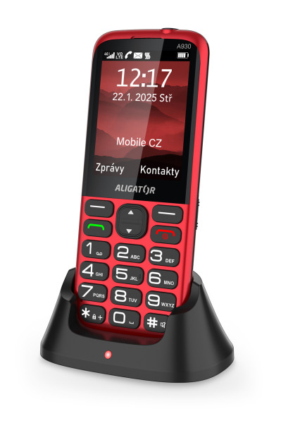 ALIGATOR A930 GPS 4G Senior červený s aplikací Záchranka + nabíjecí stojánek<br>AKCE: nabíječka ZDARMA navíc