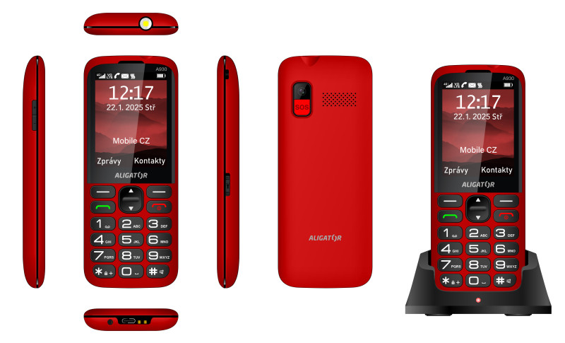 ALIGATOR A930 GPS 4G Senior červený s aplikací Záchranka + nabíjecí stojánek<br>AKCE: nabíječka ZDARMA navíc