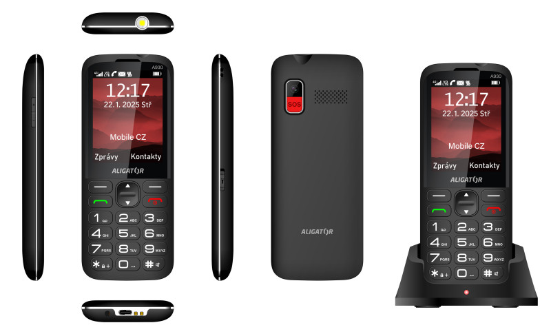ALIGATOR A930 GPS 4G Senior černý s aplikací Záchranka + nabíjecí stojánek<br>AKCE: nabíječka ZDARMA navíc