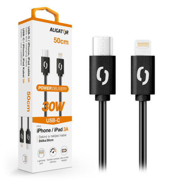 Datový kabel Aligator power 30W, USB-C/lightning 3A, 0,5m černý