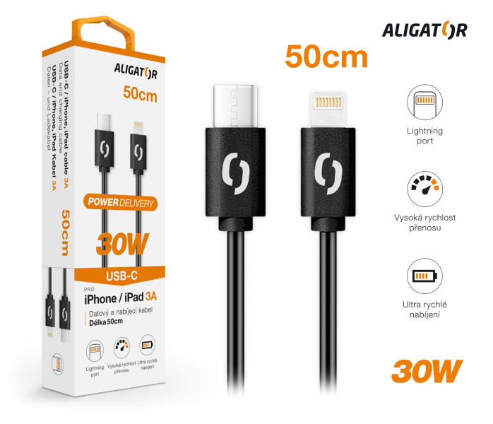 Datový kabel Aligator power 30W, USB-C/lightning 3A, 0,5m černý