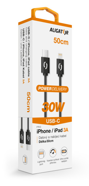 Datový kabel Aligator power 30W, USB-C/lightning 3A, 0,5m černý