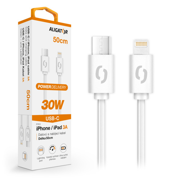 Datový kabel Aligator power 30W, USB-C/lightning 3A, 0,5m bílý