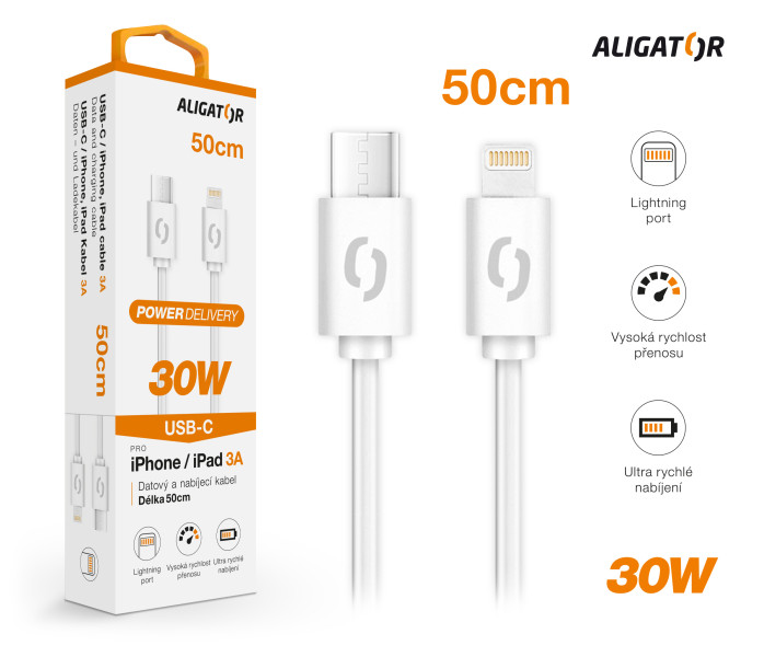 Datový kabel Aligator power 30W, USB-C/lightning 3A, 0,5m bílý