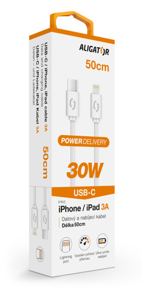 Datový kabel Aligator power 30W, USB-C/lightning 3A, 0,5m bílý