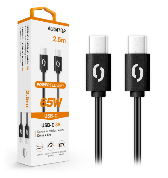 Datový kabel Aligator power 65W, USB-C/USB-C 3A, 2,5m černý