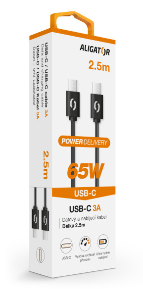 Datový kabel Aligator power 65W, USB-C/USB-C 3A, 2,5m černý
