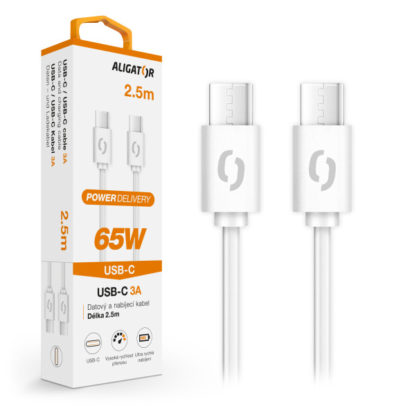 Datový kabel Aligator power 65W, USB-C/USB-C 3A, 2,5m bílý