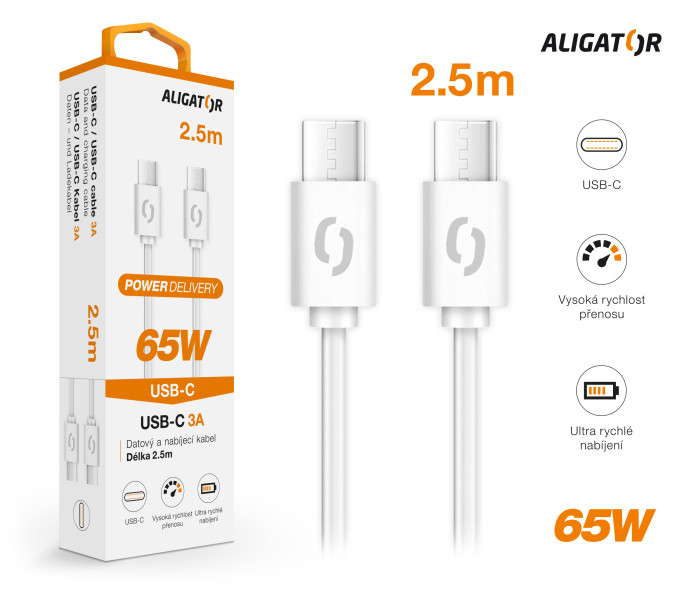 Datový kabel Aligator power 65W, USB-C/USB-C 3A, 2,5m bílý