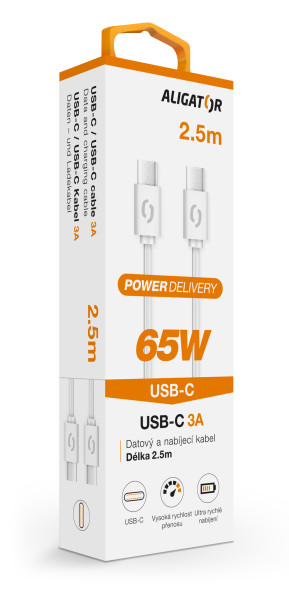 Datový kabel Aligator power 65W, USB-C/USB-C 3A, 2,5m bílý