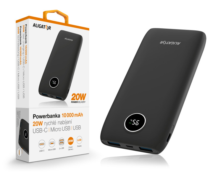 Powerbanka ALIGATOR PD20W + QC22.5W, 10 000 mAh, černá