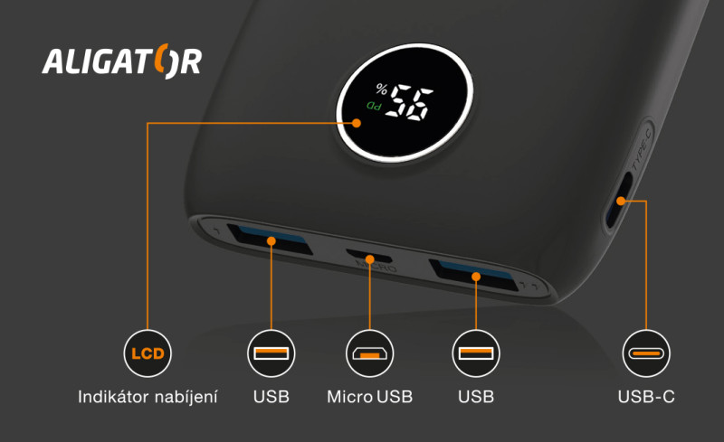 Powerbanka ALIGATOR PD20W + QC22.5W, 10 000 mAh, černá