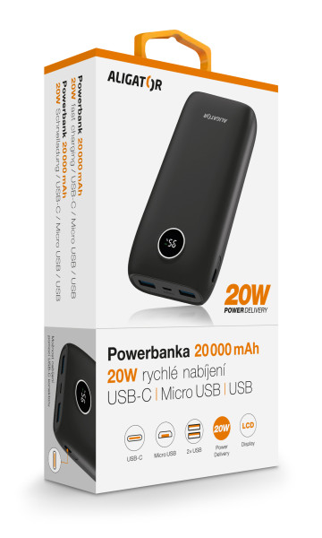 Powerbanka ALIGATOR PD20W+QC22.5W, rychlé nabíjení, 20 000 mAh, černá