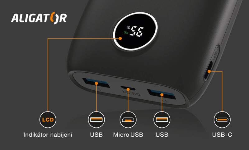 Powerbanka ALIGATOR PD20W+QC22.5W, rychlé nabíjení, 20 000 mAh, černá