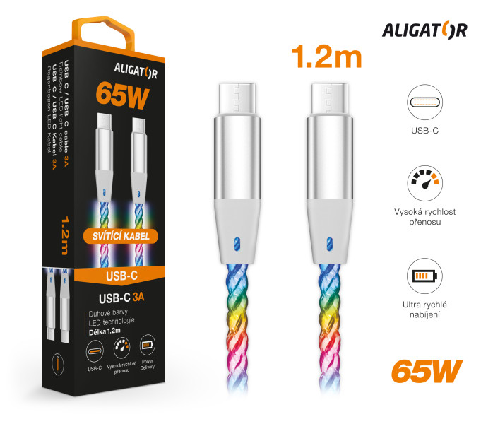 Datový kabel Aligator power 3A 65W, USB-C/USB-C, 1,2m svítící