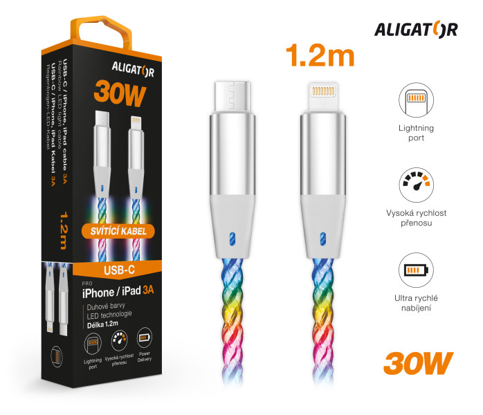 Datový kabel Aligator power 3A 30W, USB-C/lightning, 1,2m svítící