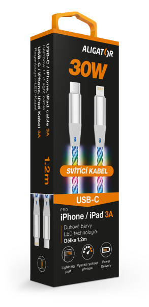 Datový kabel Aligator power 3A 30W, USB-C/lightning, 1,2m svítící