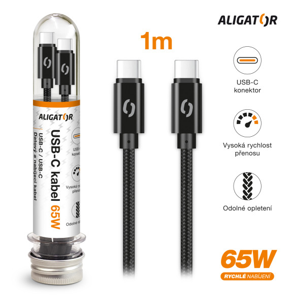 Datový kabel ALIGATOR TUBA, 65W, USB-C/USB-C 1m černý