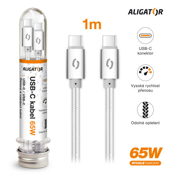 Datový kabel ALIGATOR TUBA, 65W, USB-C/USB-C 1m bílý