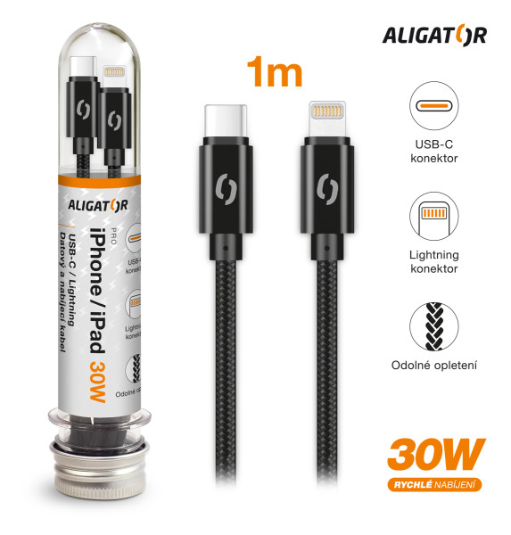 Datový kabel Aligator tuba 30W, USB-C/lightning černý