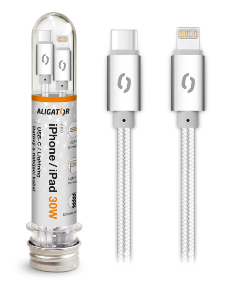 Datový kabel Aligator tuba 30W, USB-C/lightning 1m bílý