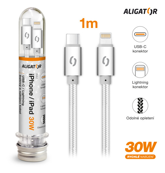 Datový kabel Aligator tuba 30W, USB-C/lightning 1m bílý